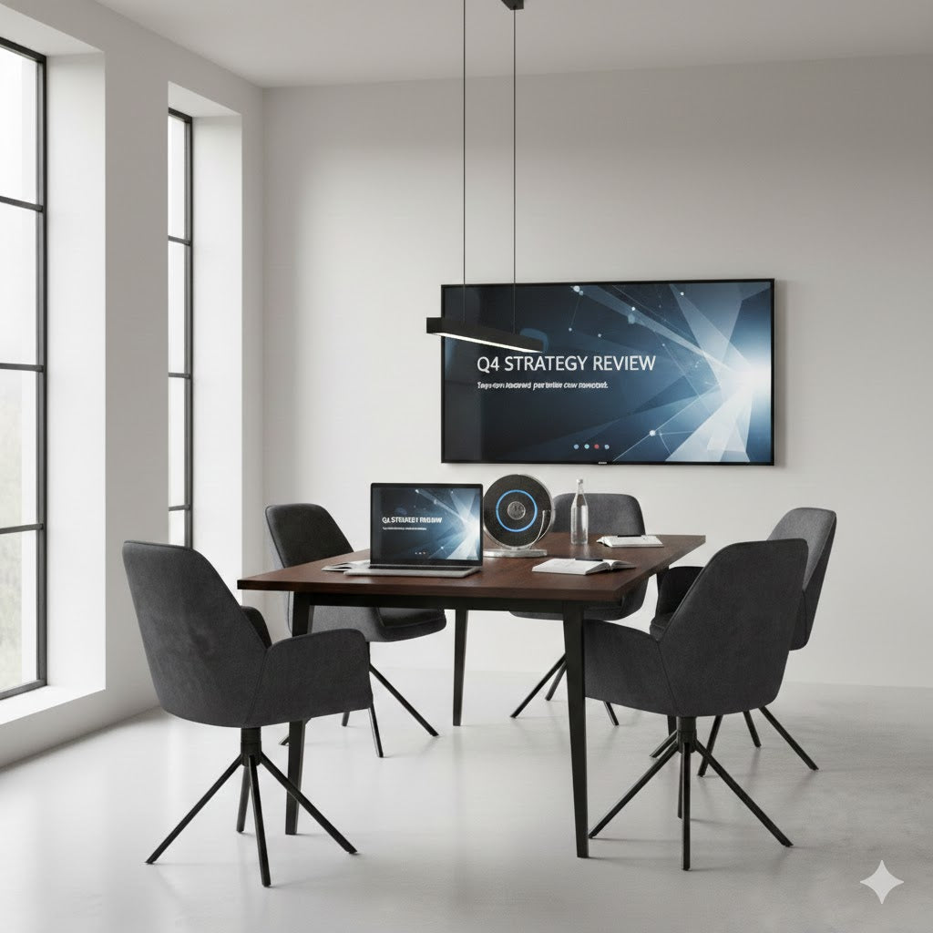 Vier luxe Benoa Noah eetkamerstoelen in antraciet fluweel aan een houten vergadertafel in een moderne directiekamer met een laptop, vergadermicrofoon en een OLED-scherm voor presentaties.