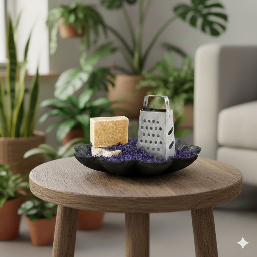 Geschaafd paars Blueberry amberblokje met mini-rasp in een zwart bloemschaaltje op een houten bijzettafel in een botanische woonkamer - Rimisa