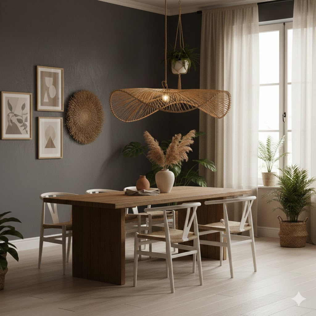 Luxe boho-chique eetkamer met de rotan Chapeau hanglamp van Bazar Bizar boven een houten tafel, geplaatst tegen een stijlvolle donkergrijze wand voor een warm en modern contrast bij Rimisa.