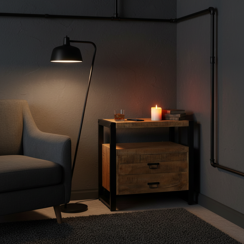 Industrieel ladekastje Britt van mangohout en zwart staal in een sfeervolle woonkamer setting met een brandende kaars en een moderne zwarte vloerlamp.