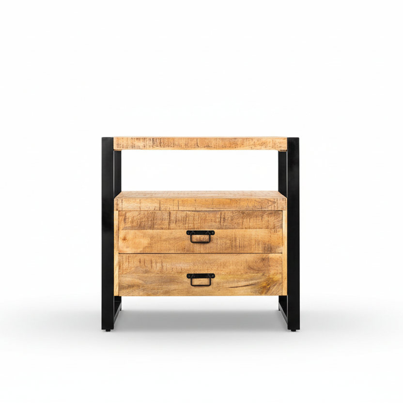 Industrieel ladekastje Britt van massief mangohout met zwart stalen frame, compact meubel met rauwe uitstraling
