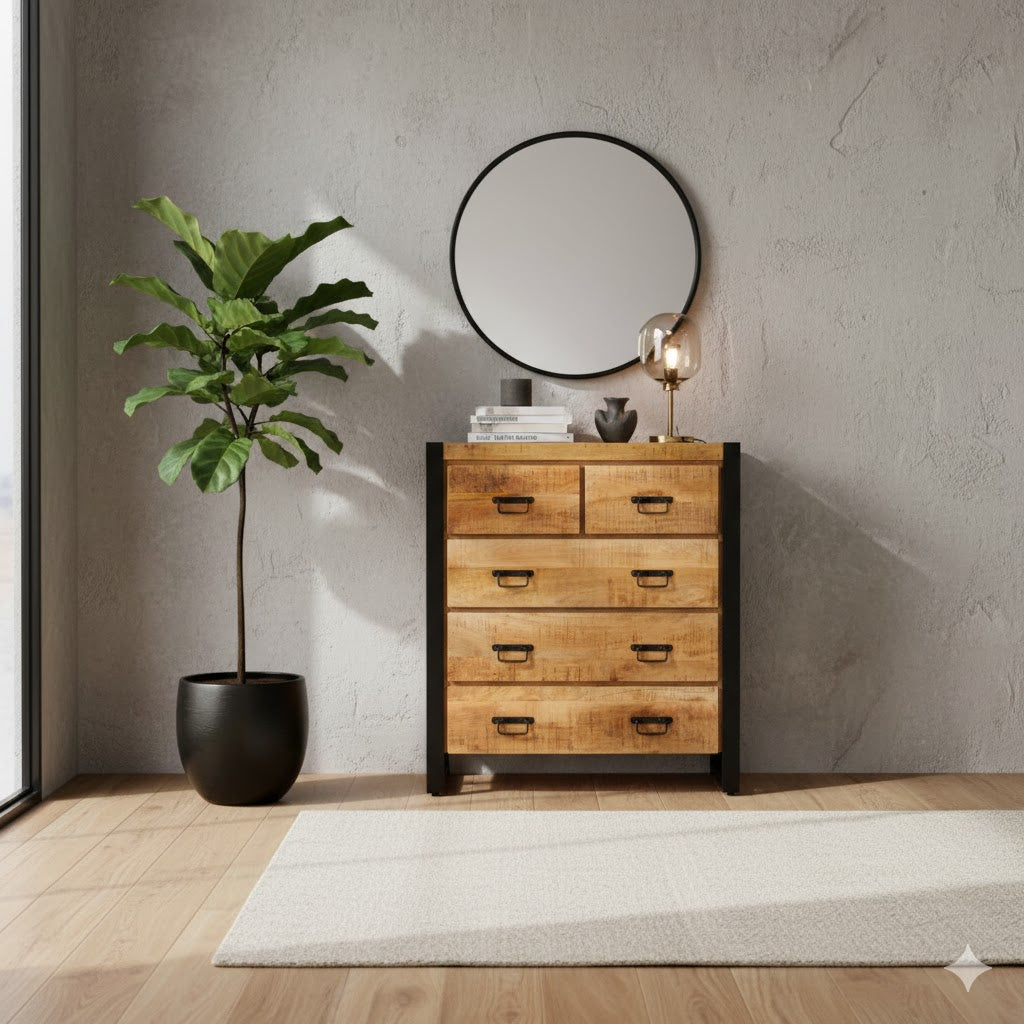 Sfeerimpressie van de industriële Britt ladekast in een modern interieur met een ronde spiegel, kamerplant en houten vloer.