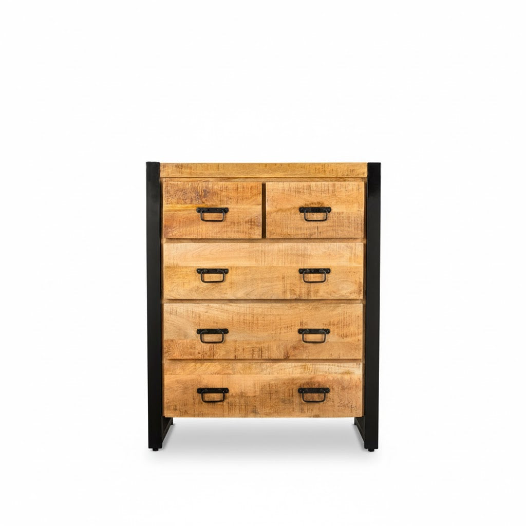 Industriële Britt ladekast van mangohout met zwart metalen frame, 105cm hoog.