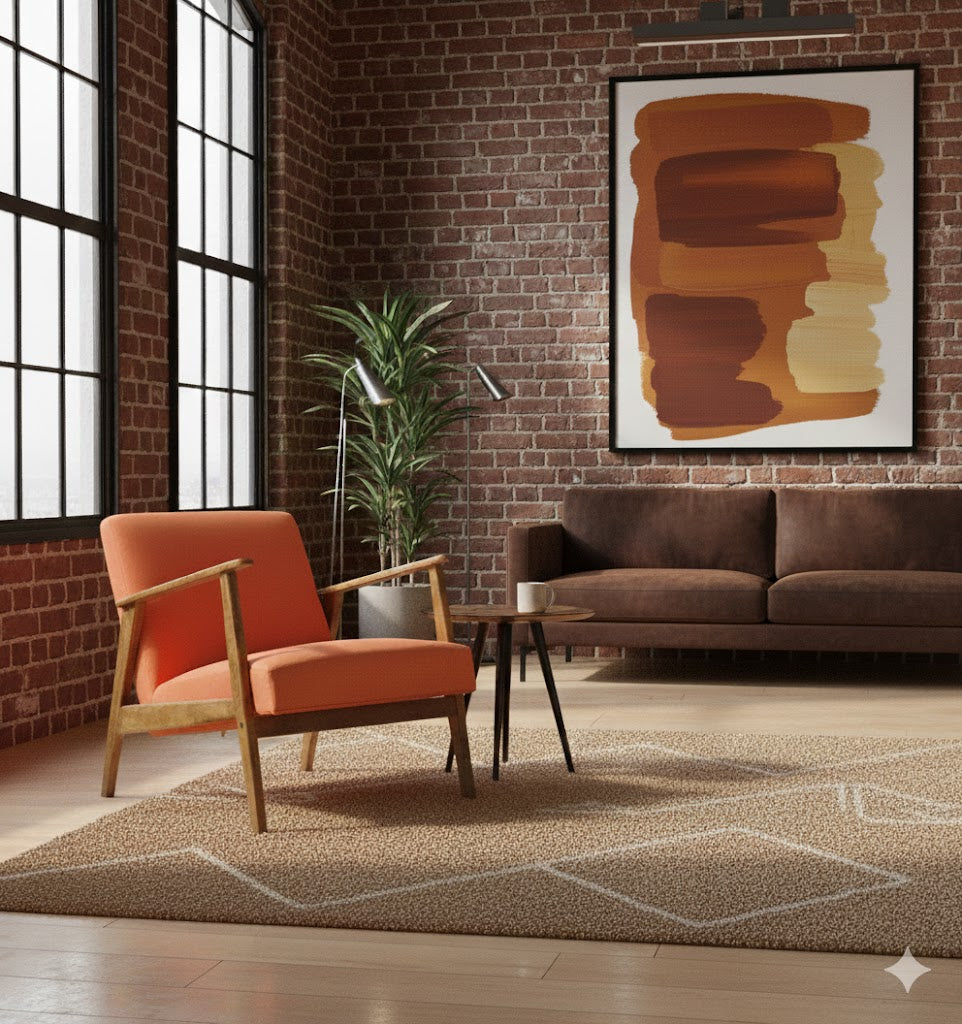 Sfeervolle industriële woonkamer met een bakstenen muur en de warme oranje By Mooss fauteuil als blikvanger rimisa