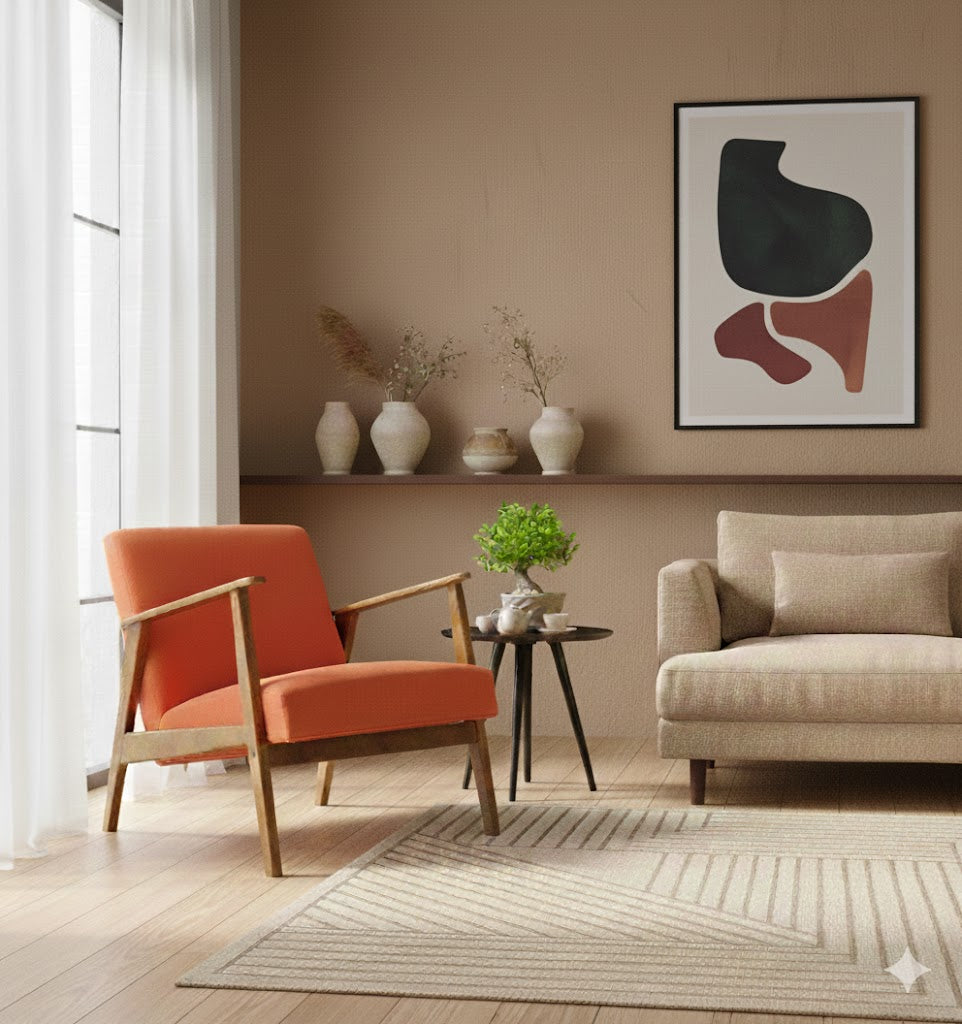 Vrijstaande By Mooss fauteuil met oranje corduroy bekleding en elegant houten frame voor een tijdloos interieur rimisa