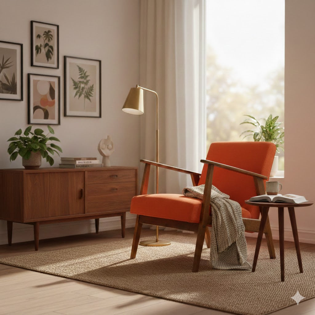 Sfeervolle woonkamer setting met de By Mooss fauteuil in oranje corduroy naast een houten dressoir en vintage accessoires van Rimisa