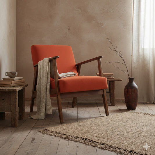 De By Mooss fauteuil in een doorleefd wabi-sabi interieur met natuurlijke texturen en een warme uitstraling rimisa