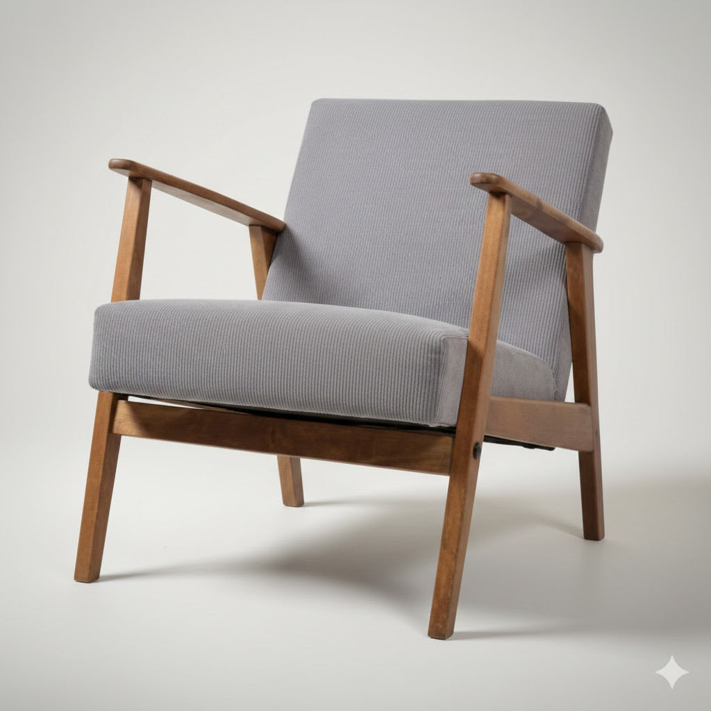 Iconische jaren 60 grijze retro fauteuil van By Mooss met houten frame en corduroy bekleding rimisa.
