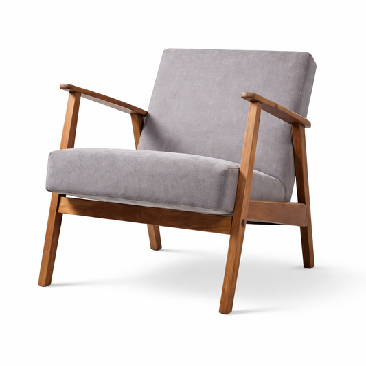 Iconische jaren 60 grijze retro fauteuil van By Mooss met houten frame en corduroy bekleding in een sfeervolle setting rimisa.