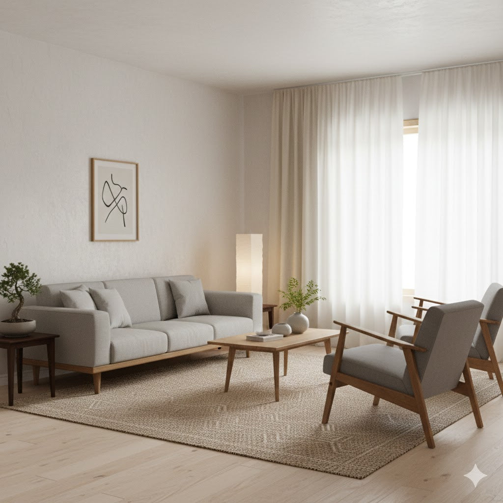 Twee retro fauteuils van By Mooss met een houten frame en grijze bekleding in een lichte Japandi woonkamer met een lichte bank, jute vloerkleed en natuurlijke houten elementen - Rimisa.