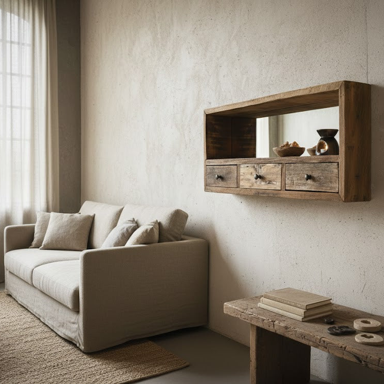 By Mooss houten spiegelkast met 3 lades in een rustgevend Wabi Sabi interieur met natuurlijke materialen Rimisa