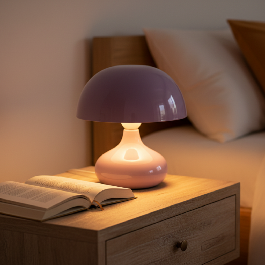 Moderne lila tafellamp van hoogglans metaal op nachtkastje in slaapkamer