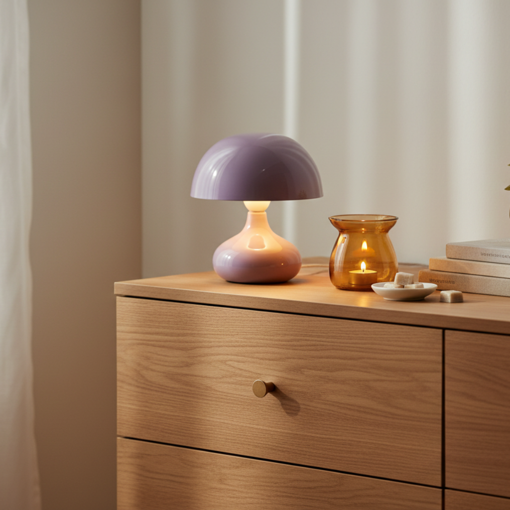 Moderne Lila tafellamp van hoogglans metaal op ladekast in woonkamer