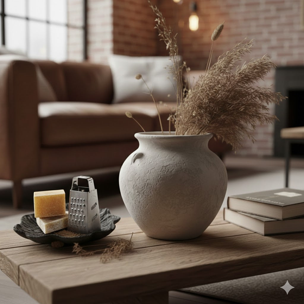 Gedetailleerde close-up van amberblokjes en een mini-rasp in een zwart bloemvormig schaaltje op een houten tafel - Rimisa