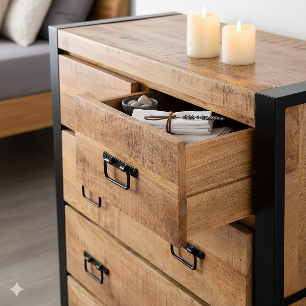 Sfeervolle detailopname van de Britt ladekast met een geopende lade gevuld met linnengoed en brandende LED-kaarsen op het bovenblad.