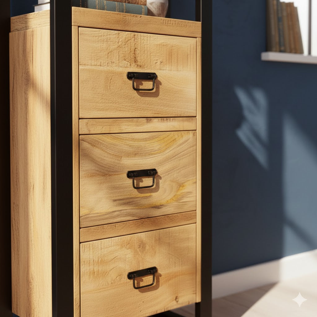 Close-up van de drie houten laden van Boekenkast Britt, met de unieke houtnerf van mangohout en zwarte metalen handgrepen in een industriële stijl.