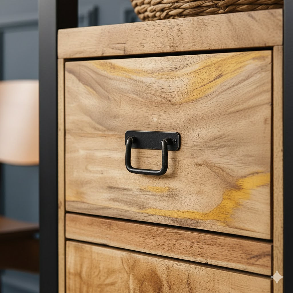 Close-up van de robuuste zwarte metalen handgreep en de natuurlijke houtstructuur van een mangohouten lade van de Boekenkast Britt.