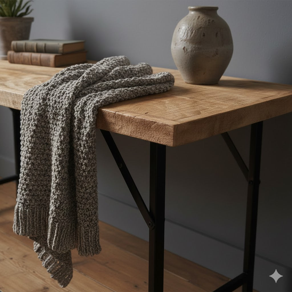 Detailopname van de robuuste houtnerf van het mangohouten blad en het zwarte metalen frame van de opklapbare wandtafel by Mooss voor een industrieel accent rimisa