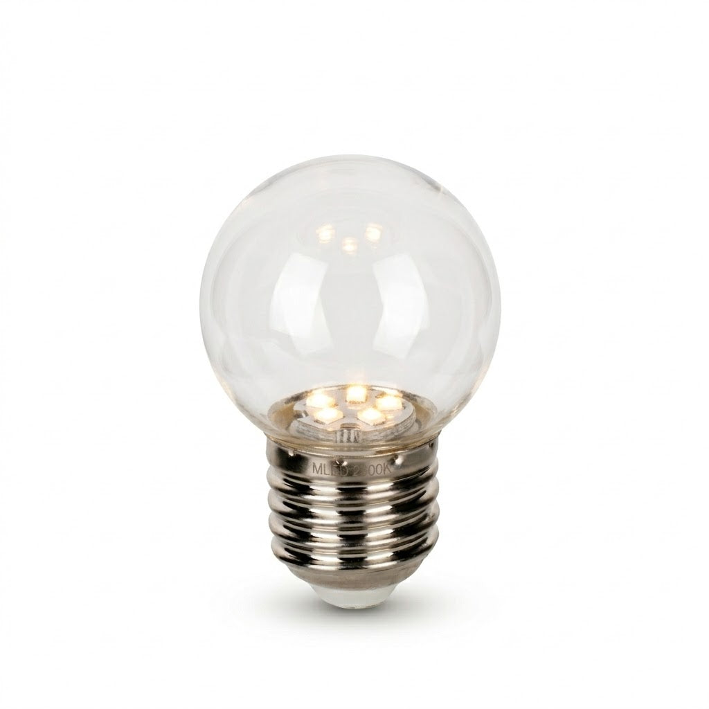 Dimbare E27 prikkabel LED-lamp van Rimisa, met onbreekbare heldere polycarbonaat kap. Energiezuinig met 1-2W verbruik en warm 2200K licht.