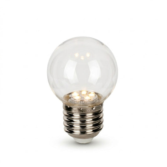 Dimbare E27 prikkabel LED-lamp van Rimisa, met onbreekbare heldere polycarbonaat kap. Energiezuinig met 1-2W verbruik en warm 2200K licht.