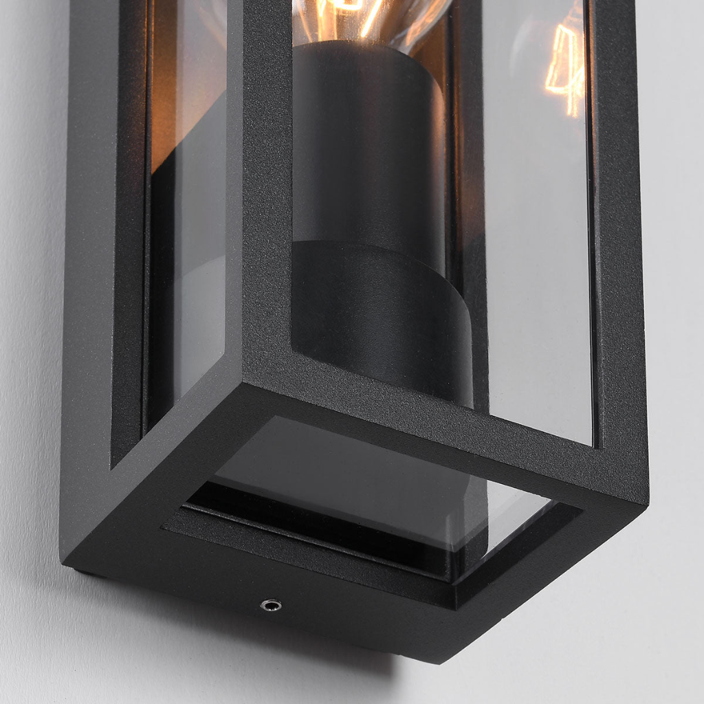 Industriële buitenwandlamp Tess zwart met helder glas