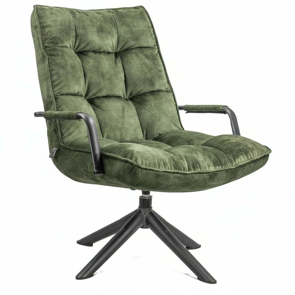 3D-weergave van de draaifauteuil Hidde met armleuningen in groene velours stof op een zwarte metalen sterpoot Rimisa