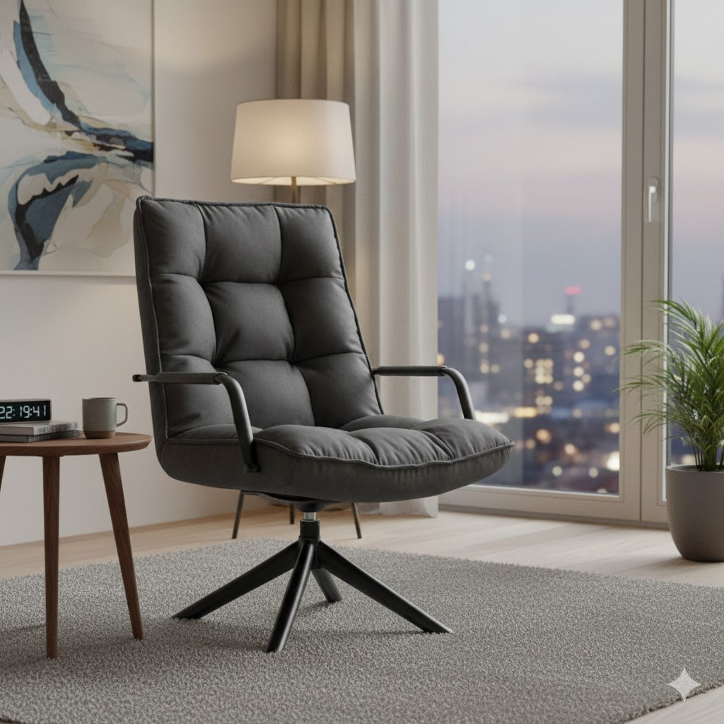 Moderne grijze draaifauteuil Hidde in stof Cowboy 104 in een sfeervolle woonkamer met houten bijzettafel, vloerkleed en uitzicht op de stad bij avond – Rimisa.