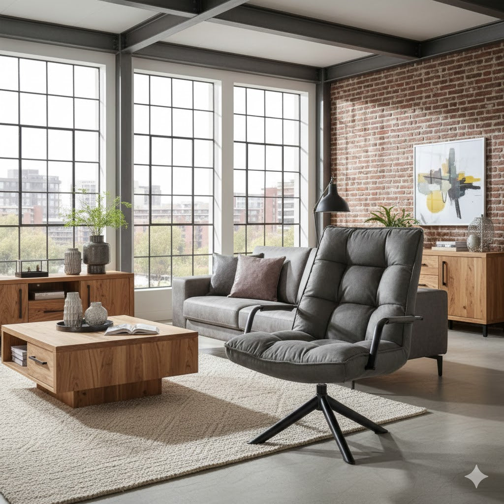 Grijze draaifauteuil Hidde in een industrieel loft interieur, gecombineerd met mangohouten meubelen uit de Benoa serie Britt en een bakstenen muur – Rimisa.