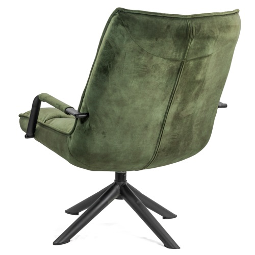 Achteraanzicht van de draaifauteuil Hidde in groene velours stof met zichtbare stiksels en zwart metalen draaivoet Rimisa