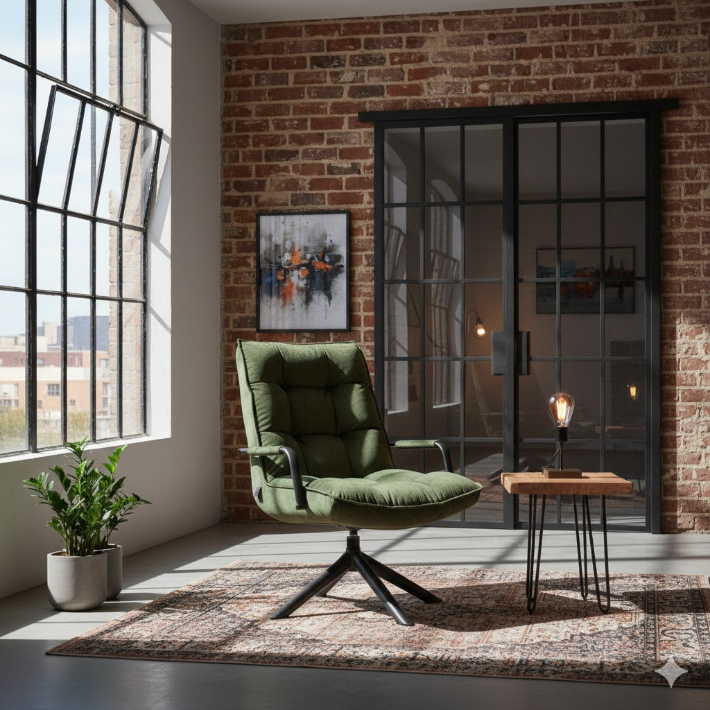 Groene velours draaifauteuil Hidde in een industrieel loft interieur met een bakstenen muur en een antraciet stalen taatsdeur Rimisa