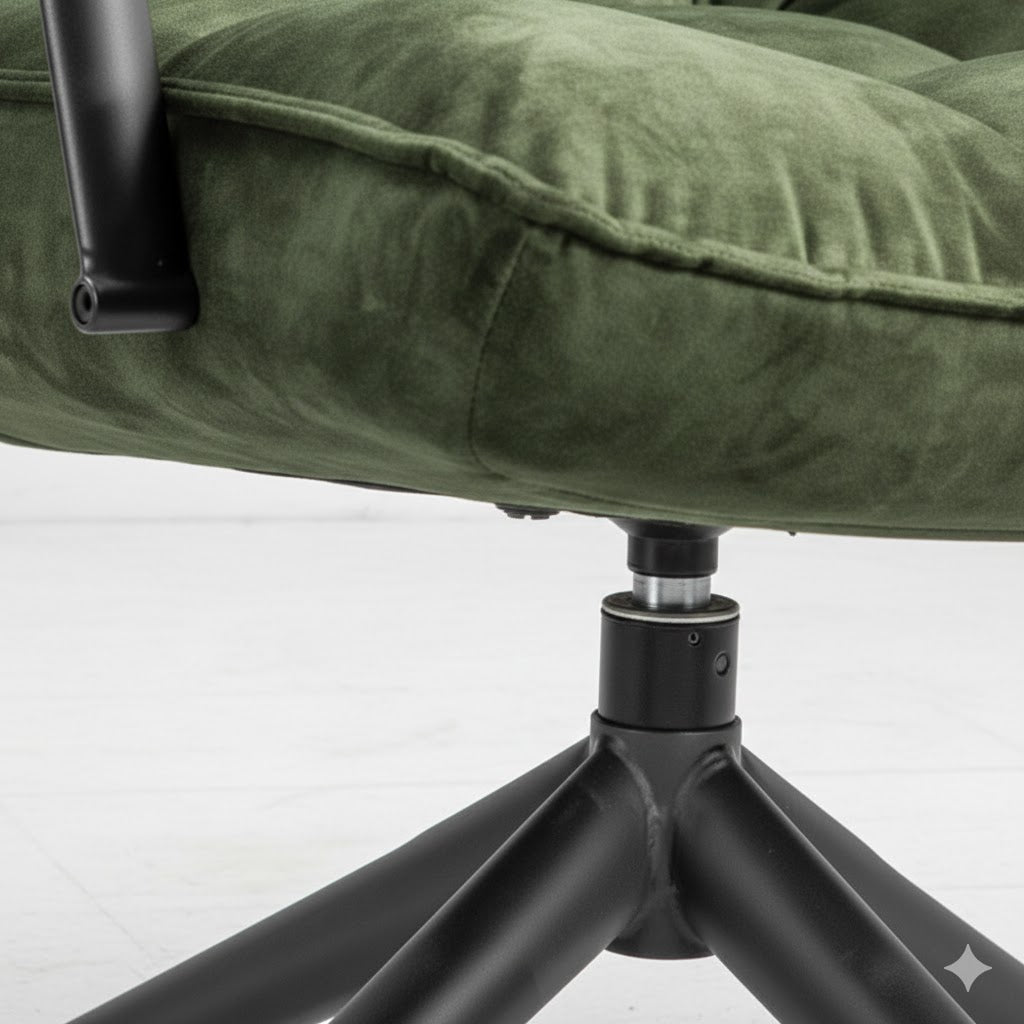 Detail van de zwarte metalen draaivoet en het onderstel van de groene velours draaifauteuil Hidde Rimisa