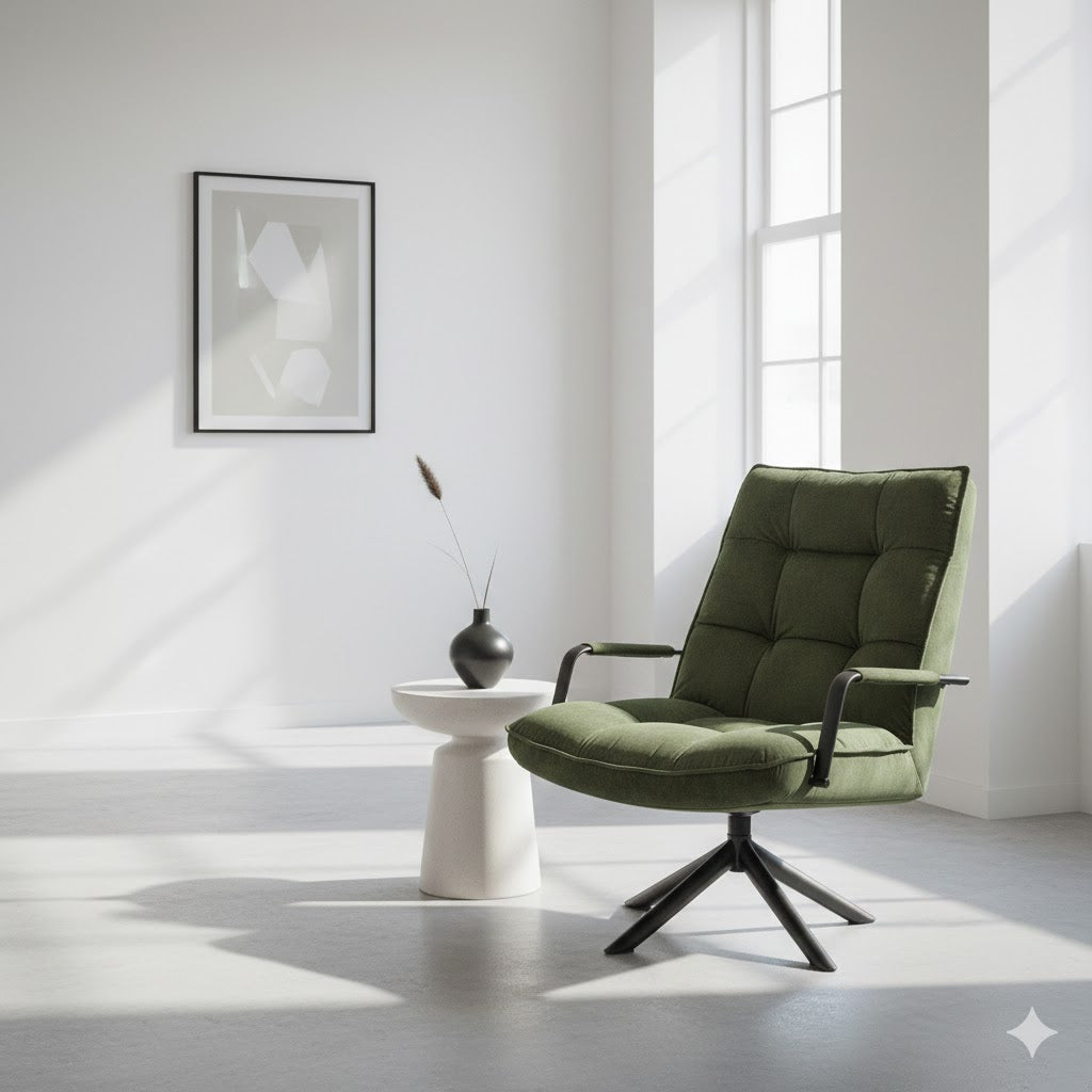 Groene velours draaifauteuil Hidde in een licht minimalistisch interieur met witte wanden en natuurlijke lichtinval Rimisa