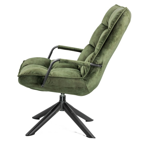 Zijaanzicht van de draaifauteuil Hidde in groene velours stof met de focus op de ergonomische rugleuning en zwarte draaivoet Rimisa