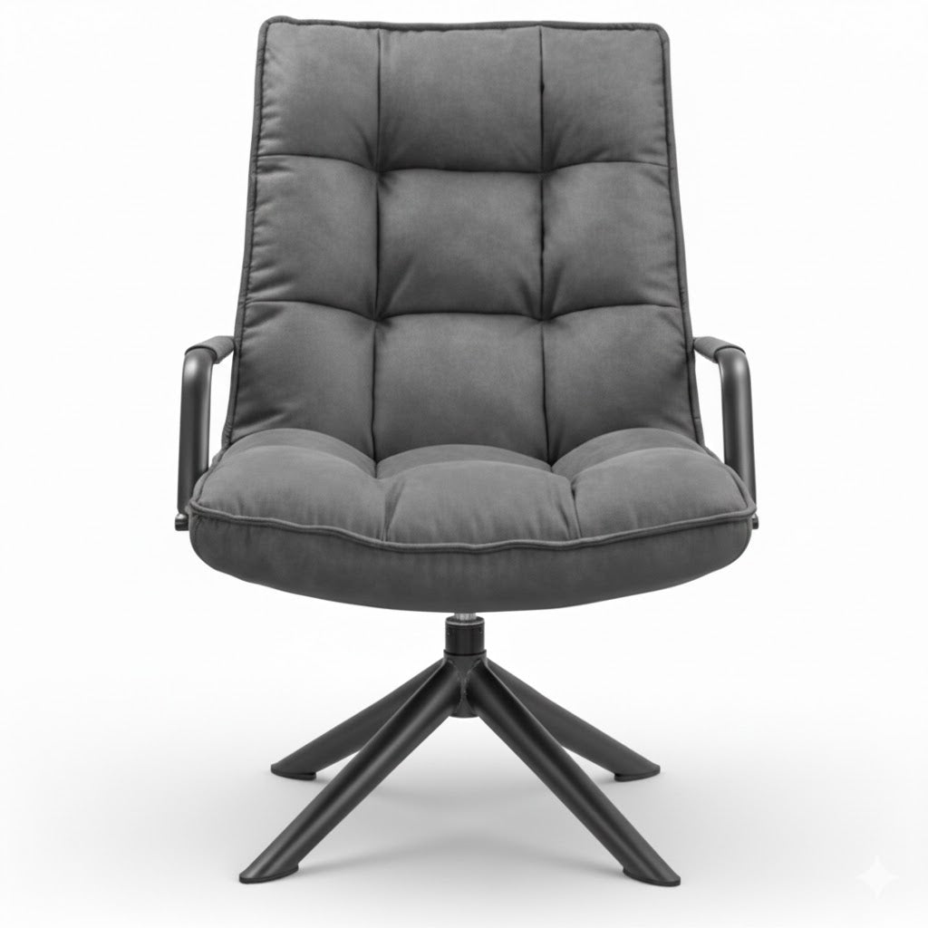 Vooraanzicht van de Draaifauteuil Hidde met armleuning, bekleed in grijze stof Cowboy 104, met een zwart metalen draaivoet en lichte schaduw – Rimisa.