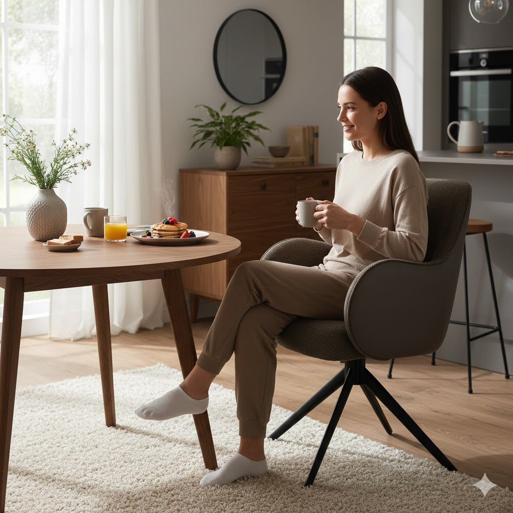 Sfeervolle setting van de antraciet eetkamerstoel Kyler van Benoa, waarbij een vrouw comfortabel geniet van een ontbijt aan een houten eettafel in een licht, modern interieur.