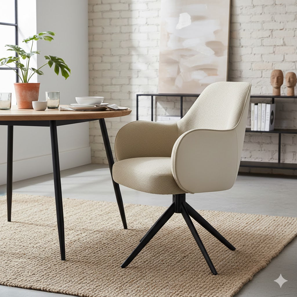 Luxe sfeerimpressie van de Kyler eetkamerstoel in beige, met duidelijk zichtbaar two-tone design in microvezel stof op een zwarte spinpoot in een modern interieur.
