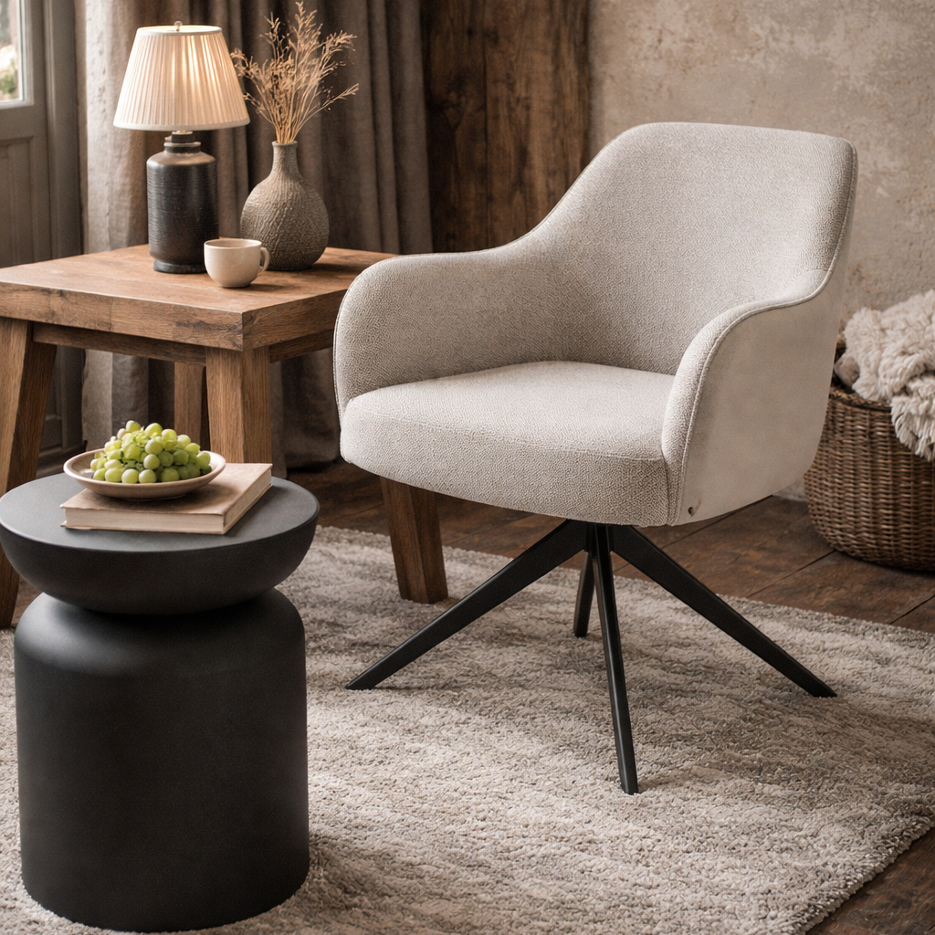 Eetkamerstoel Kyler van Benoa in beige two-tone stof in een rustige leeshoek, gecombineerd met een zwarte bijzettafel en warm interieur.