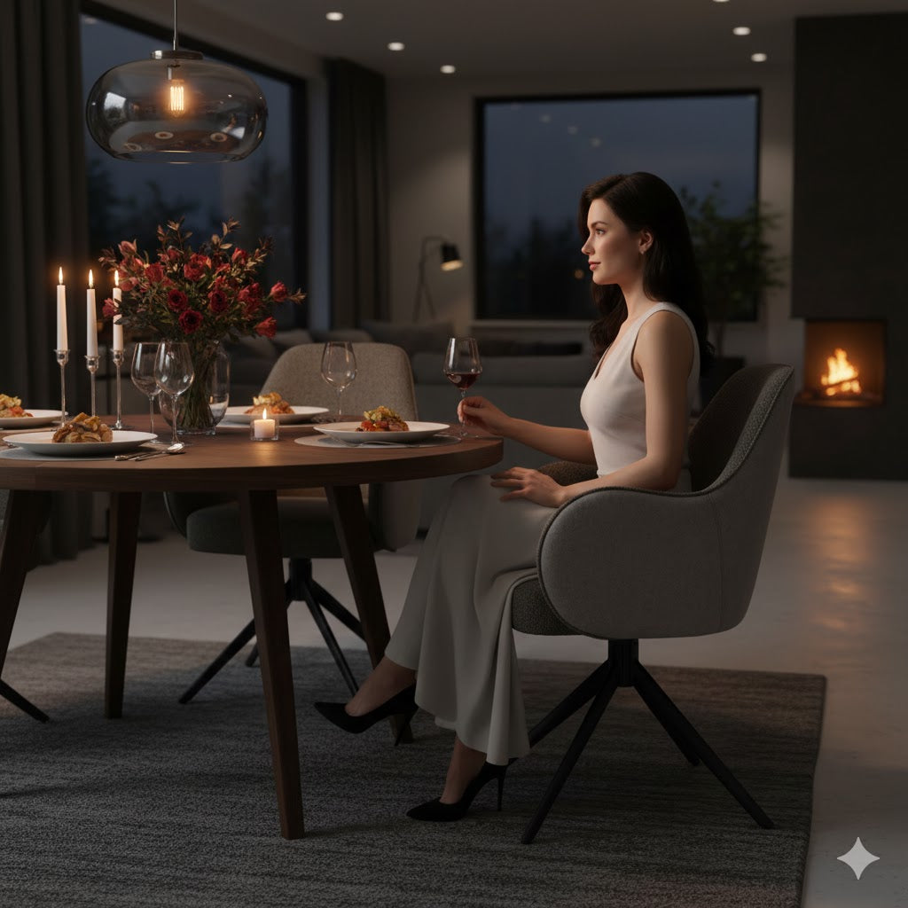 Luxe avondsetting met de Kyler eetkamerstoel van Benoa; de two-tone stoffering komt prachtig naar voren bij kaarslicht terwijl een vrouw dineert in een stijlvolle, sfeervolle eetkamer.