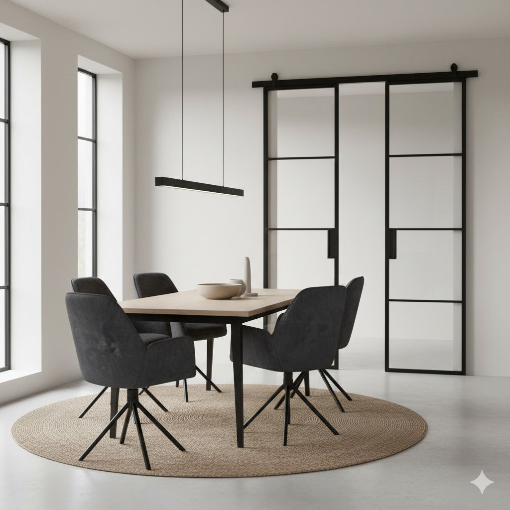 Vier Benoa Noah eetkamerstoelen in antraciet fluweel rondom een houten eettafel in een modern minimalistisch appartement met zwarte stalen taatsdeuren.