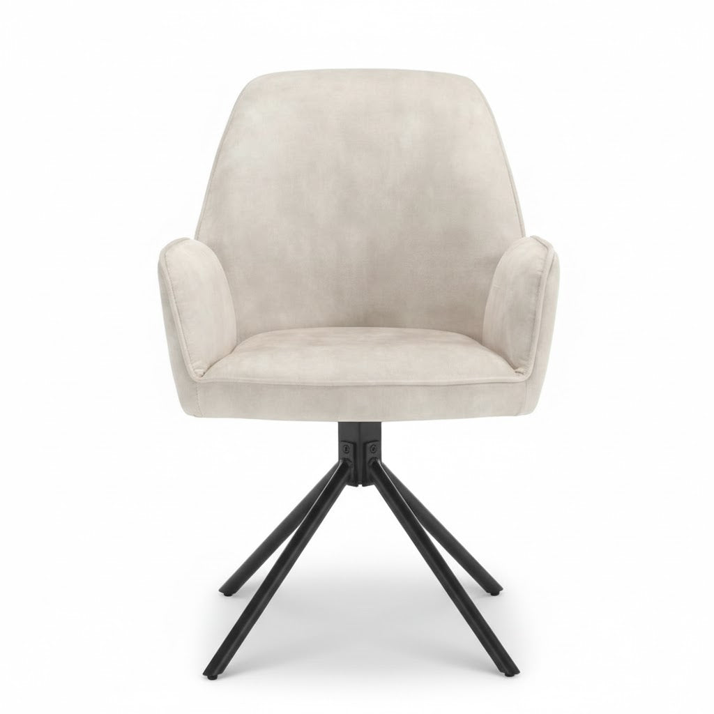 Luxe draaibare eetkamerstoel Noah in de kleur Oyster van het merk Benoa, voorzien van een zachte velvet bekleding en een modern zwart metalen draai onderstel, gepresenteerd op een witte achtergrond met natuurlijke schaduw voor de Rimisa productpagina.