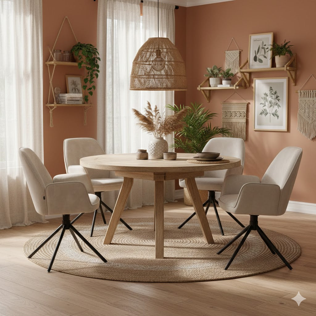 Luxe Eetkamerstoel Noah in de kleur Oyster met zwarte draaipoot, gepresenteerd in een warm boho-chic interieur rondom een houten eettafel met rotan accessoires.