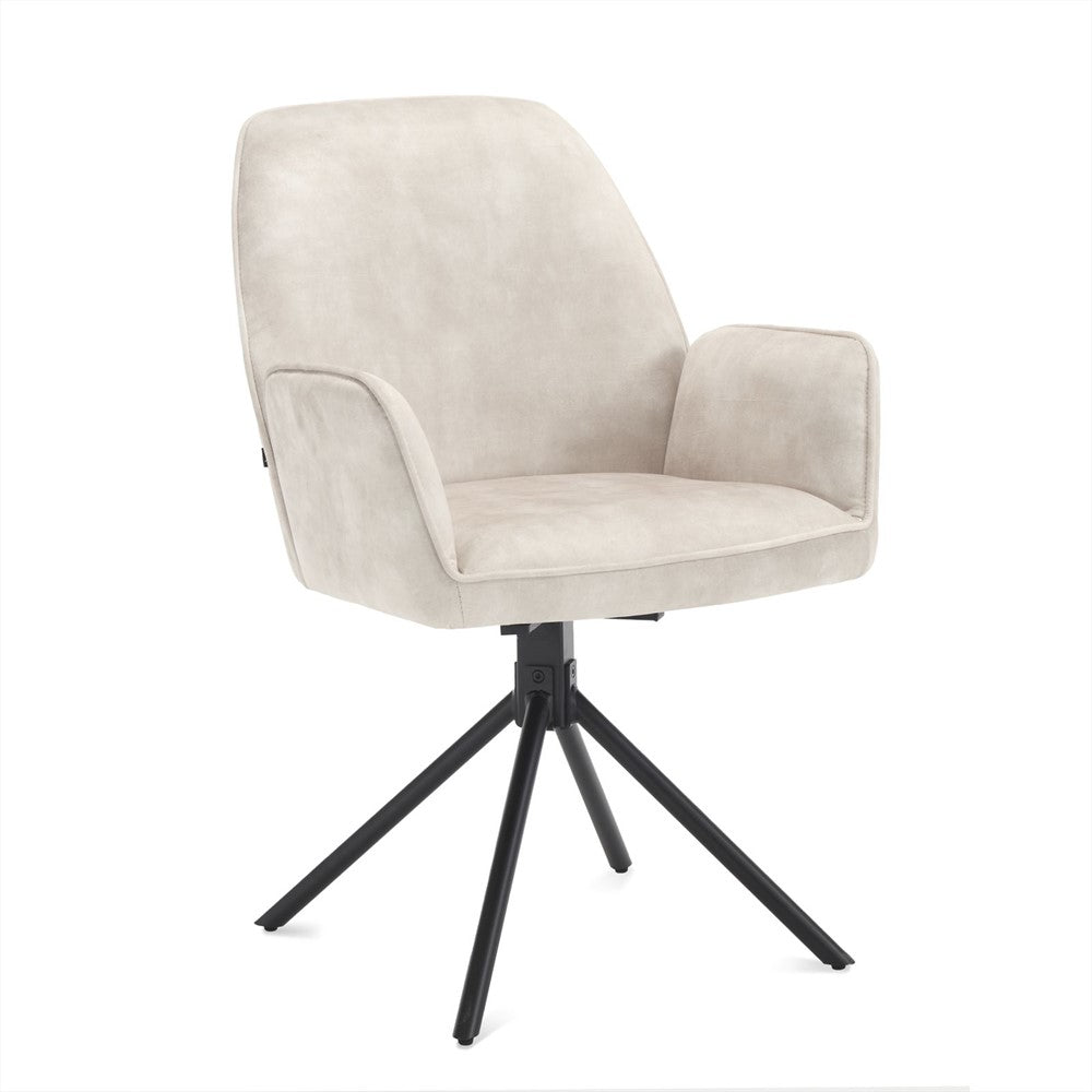 Moderne draaibare eetkamerstoel Noah van Benoa in Oyster velvet bekleding met zwart metalen kruispoot, vrijstaand gefotografeerd met subtiele schaduw voor een luxe uitstraling bij Rimisa.