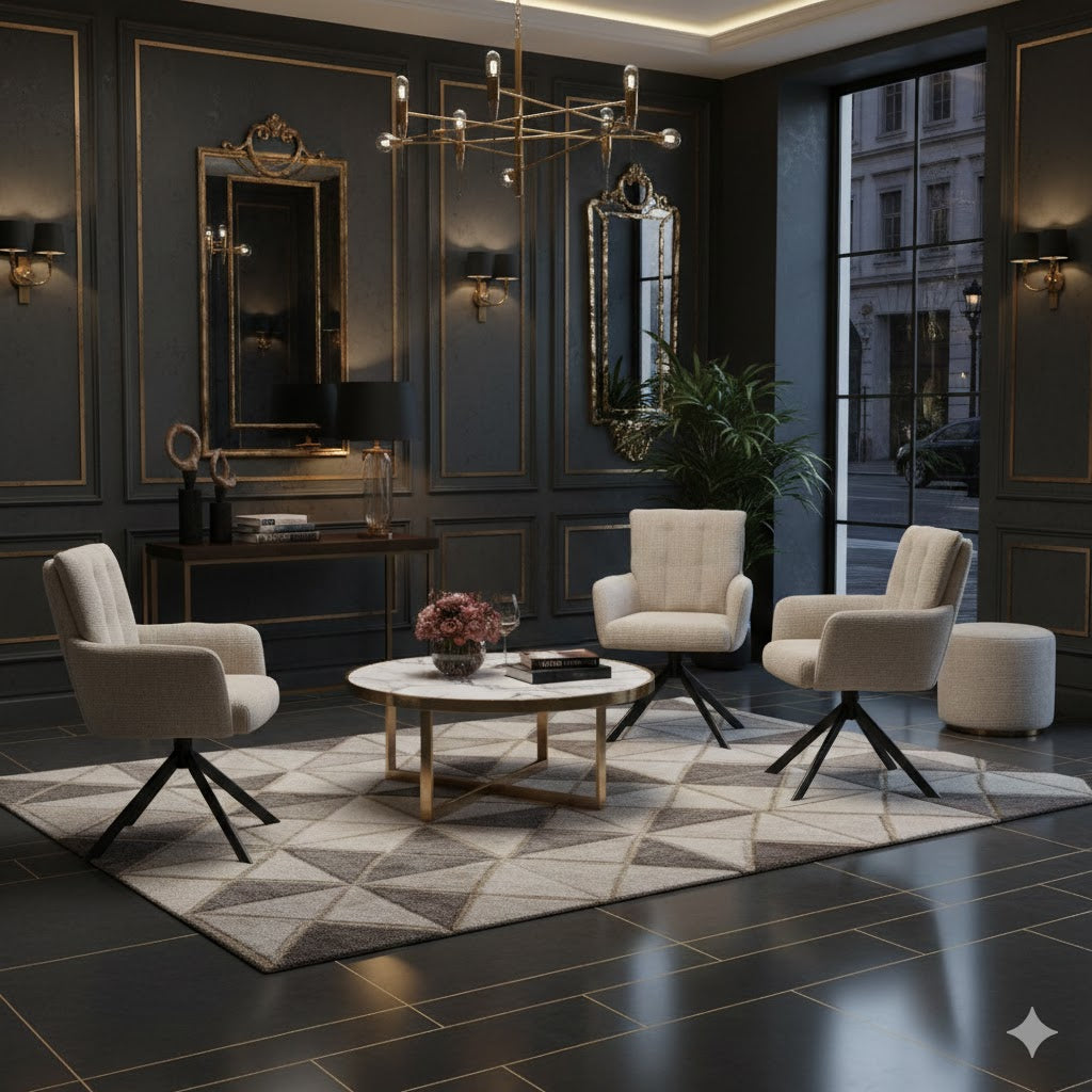 Luxe Beige Toffee Eetkamerstoel Nobel van Benoa in een hotel chic lobby met donkere wanden, gouden accenten en een marmeren tafel.