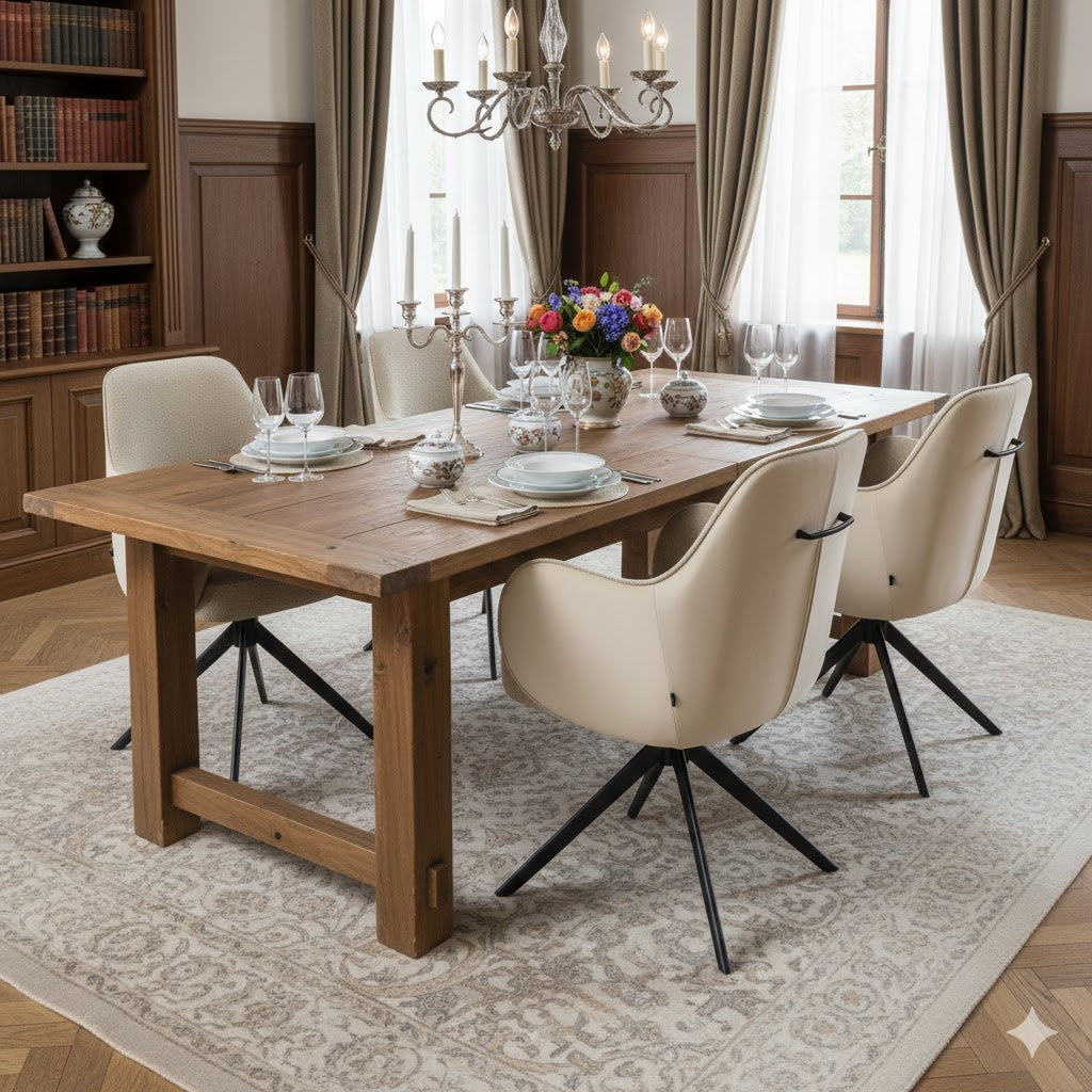 Vier beige Kyler eetkamerstoelen van Benoa met two-tone bekleding en handvat aan een luxe gedekte mangohouten tafel in een klassiek notarisinterieur.