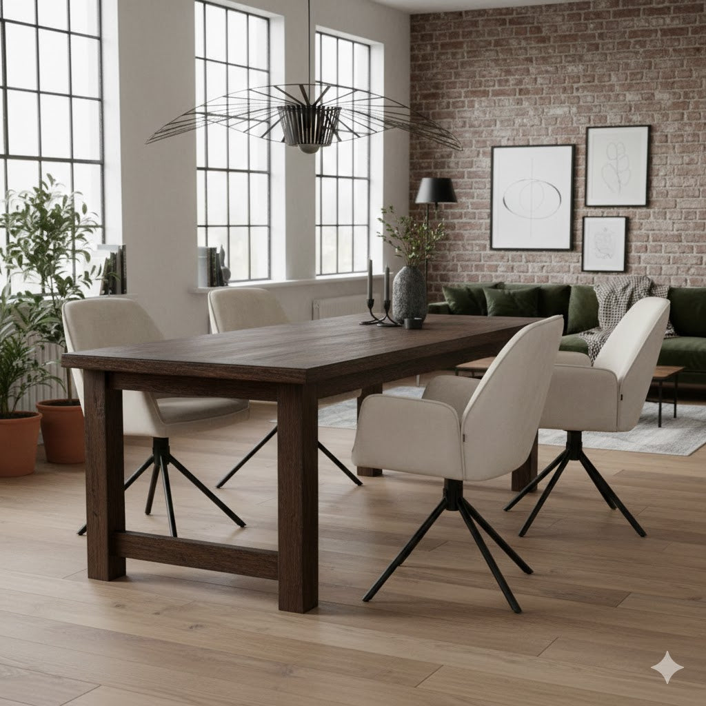 Vier luxe Noah Adore 10 Oyster eetkamerstoelen van Benoa aan een robuuste donkere houten eettafel in een stijlvol loft interieur met industriële details en sfeervolle decoratie.