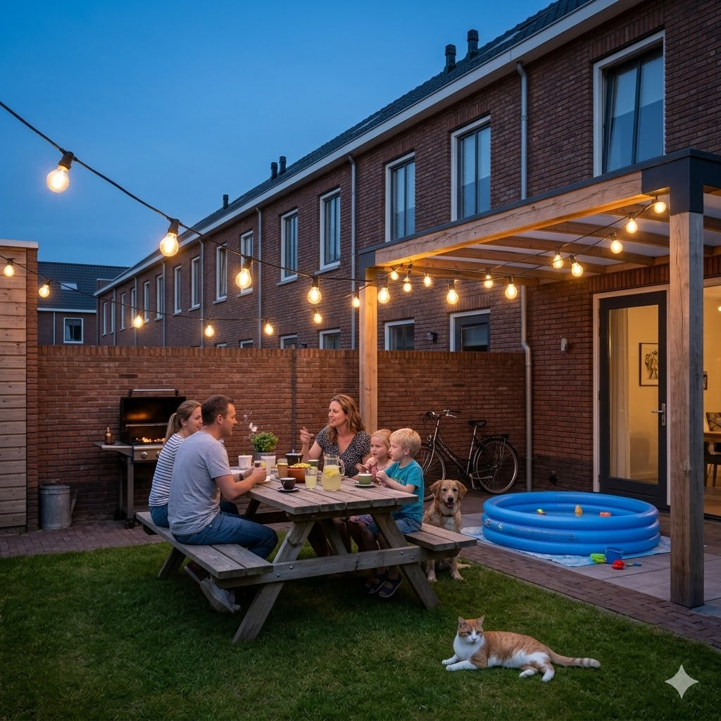 Sfeervolle 10 meter zwarte rubberen Rimisa prikkabel met warmwitte LED-lampen, gespannen boven een gezin met koffie en limonade aan een tuintafel. In de stadstuin van een rijtjeswoning staan ook een zwembadje en ligt een kat op het gras. De achtergrond toont de huizenblokken.