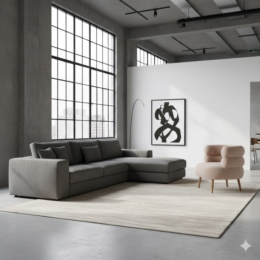 Beige Margot fauteuil in een strak minimalistisch loft interieur naast een grijze hoekbank, met grote industriële ramen en moderne kunst aan de muur - Rimisa
