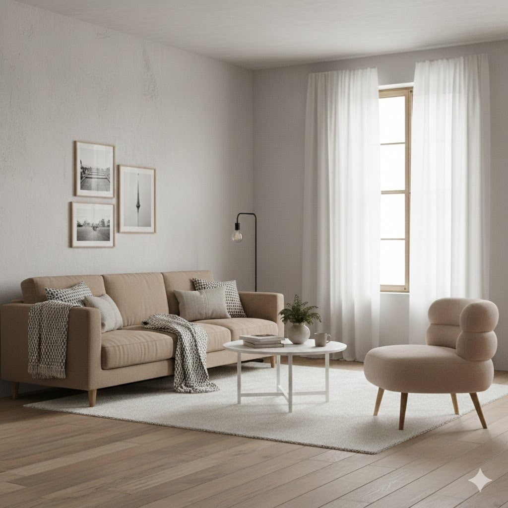 Beige teddy fauteuil Margot gecombineerd met een taupe bank in een lichte Scandinavische woonkamer met houten vloer van Rimisa.