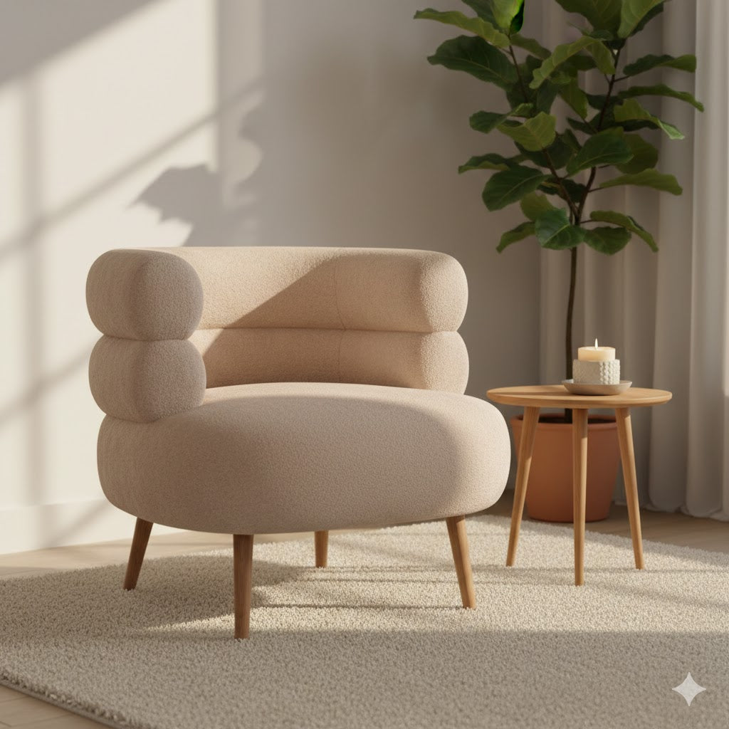 Beige fauteuil Margot in een modern en sfeervol interieur met een houten bijzettafel, een kamerplant en warme zonnestralen - Rimisa