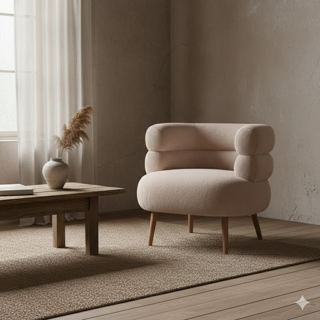 Beige fauteuil Margot in een rustgevend Wabi Sabi interieur met natuurlijke texturen, een houten tafel en serene lichtinval - Rimisa